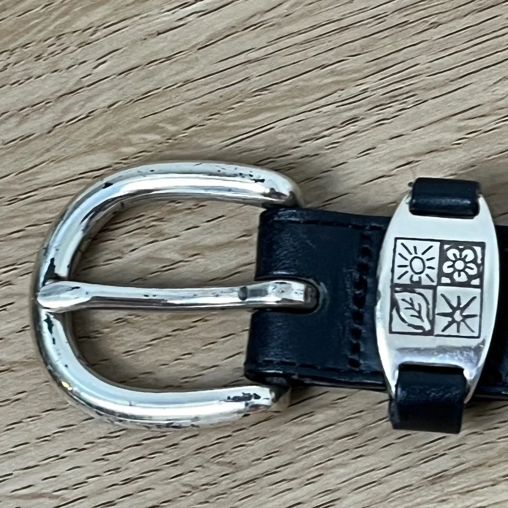 VTG L.L. Bean Classic Leather Belt Medium 10 Black Silver Nature Sun Flower